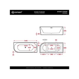 Wanna narożna przyścienna 150 cm Intero V230 Corsan Prawa zdjęcie 32