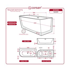 Wanna narożna przyścienna z półką 150 cm Intero E240 Corsan Prawa zdjęcie 10