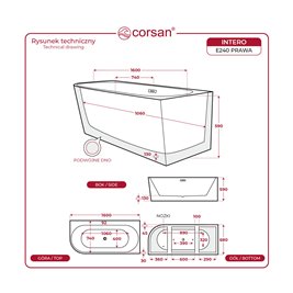 Wanna narożna przyścienna z półką 160 cm Intero E240 Corsan Prawa zdjęcie 10