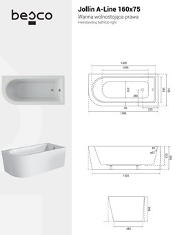 Wanna przyścienna napełniana przez przelew Jollin A-Line Besco 160 cm Prawa zdjęcie 4
