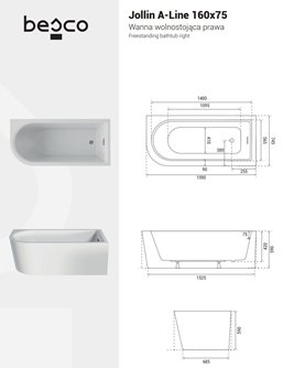 Wanna wolnostojąca przyścienna z kabiną Jollin A-Line Icon Besco 160 cm prawa zdjęcie 10