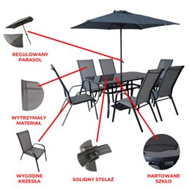 Zestaw mebli ogrodowych metalowych stół, krzesła, parasol Albena kolor szary