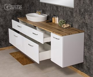 Duża szafka łazienkowa wisząca z umywalką nablatową i koszem 180 cm SETTO MODULO kolor biały połysk