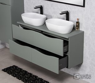 Szafka łazienkowa wisząca ONDA 120 cm szałwiowa z białymi umywalkami Gante