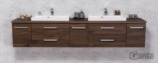 Szafka łazienkowa wisząca z dwiema umywalkami nablatowymi 210 cm 39/2 Fokus kolor orzech