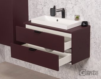 Burgundowa szafka łazienkowa wisząca z białą umywalką nablatową czarny uchwyt 80 cm Magnolia