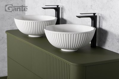 Szafka łazienkowa wisząca ryflowane fronty z umywalką LILIA 140 cm oliwkowy mat z umywalką Gante