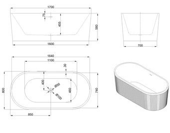 Ryflowana wanna wolnostojąca 170 cm Glamour Invena AN-01-120-M