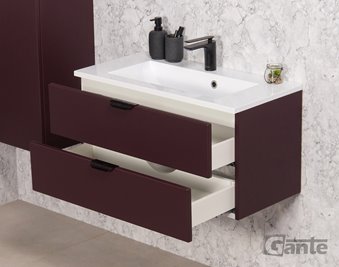 Burgundowa szafka łazienkowa wisząca z umywalką czarny uchwyt 80 cm Magnolia