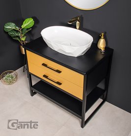Szafka stojąca z białą umywalką kolor czarno złoty loft 80 cm seria New York