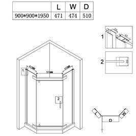 Złota kabina prysznicowa pięciokątna 90x90 drzwi uchylne  KZ91B