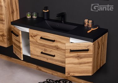 Szafka wisząca z czarną matową umywalką 120 cm kolor dąb naturalny 39C seria Fokus Loft Gante