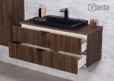 Szafka łazienkowa z lamelami wisząca z czarną umywalką nablatową 100 cm 39/2 Victa Lamello kolor orzech