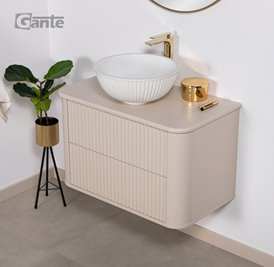 Szafka łazienkowa wisząca ryflowane fronty z umywalką LILIA 80 cm piaskowy mat z umywalką Gante