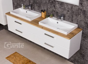 Szafka wisząca z dwiema umywalkami 160 cm blat dąb naturalny seria Fokus B