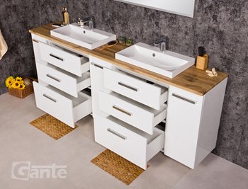 Szafka wisząca z dwiema umywalkami 210 cm z blatem w kolorze dąb naturalny 210/39/C3 seria Fokus B