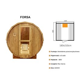 Sauna fińska ogrodowa zewnętrzna beczka 6 osobowa 210x180 Forsa