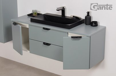 Miętowa szafka łazienkowa wisząca z czarną umywalką nablatową czarny uchwyt 120 cm Magnolia