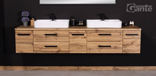 Szafka wisząca z dwiema umywalkami nablatowymi 210 cm 50/2 kolor dąb naturalny seria Fokus Loft Gante