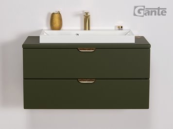 Oliwkowa szafka łazienkowa wisząca z białą umywalką nablatową złoty uchwyt 80 cm Magnolia