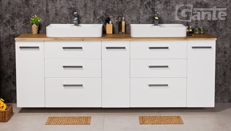 Szafka wisząca z dwiema umywalkami nablatowymi 210 cm z blatem w kolorze dąb naturalny 210/39/C3 seria Fokus B