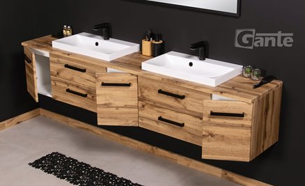 Szafka wisząca z dwiema umywalkami nablatowymi 210 cm kolor dąb naturalny seria Fokus Loft Gante
