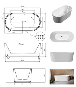 Giuliana Besco biała wanna wolnostojąca 150 cm syfon chrom WAS-150-GL