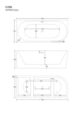 Wanna narożna przyścienna 160 cm Intero Corsan Lewa korek klik-klak czarny