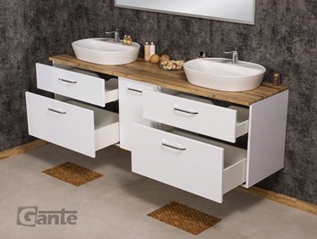 Szafka łazienkowa wisząca z dwiema umywalkami nablatowymi i koszem 160 cm SETTO MODULO kolor biały połysk