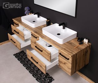 Szafka wisząca z dwiema umywalkami nablatowymi 210 cm 50/2 kolor dąb naturalny seria Fokus Loft Gante